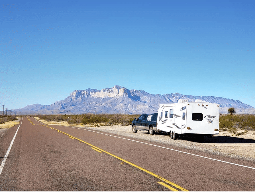 RV in front of The Guadeloupe Mountains