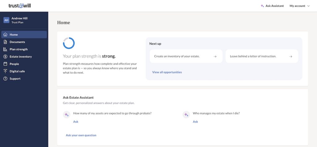 Trust & Will dashboard showing estate plan progress, document management, and next steps for completing an online estate plan.