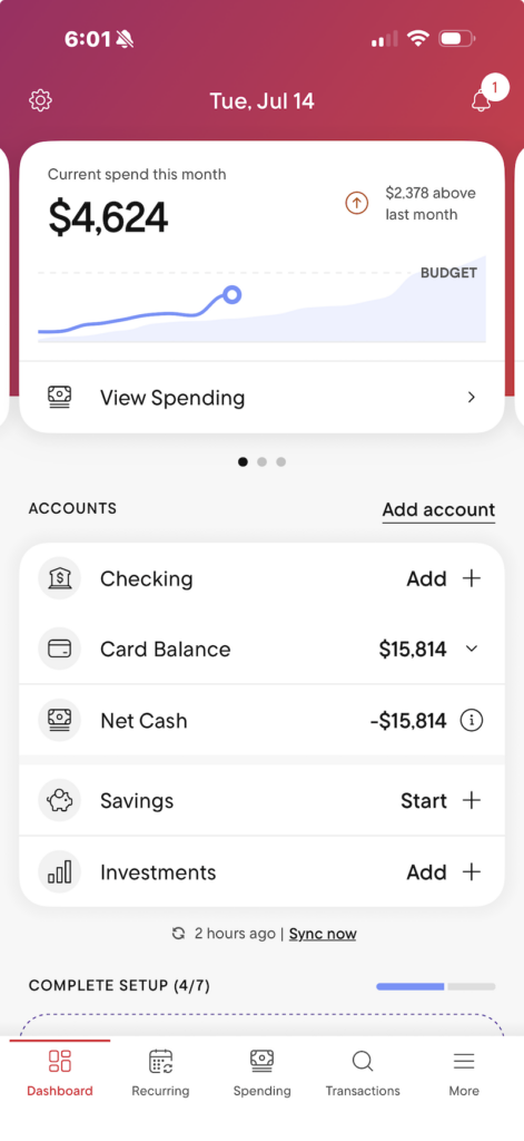 Rocket Money dashboard showing spending, subscriptions, recurring bills, and net worth.