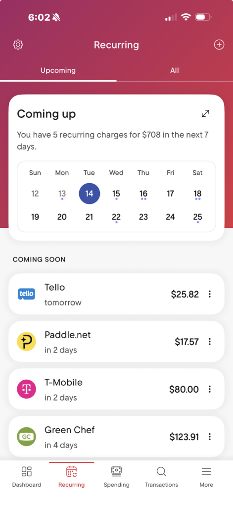 Rocket Money subscription management dashboard showing recurring monthly subscriptions.
