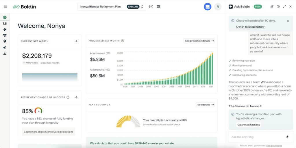 Boldin retirement planning dashboard showing retirement projections and financial planning tools.