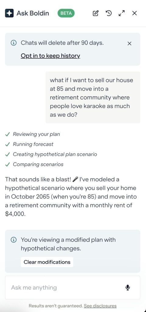 Ask Boldin AI feature helping a user locate retirement planning settings within the platform.
