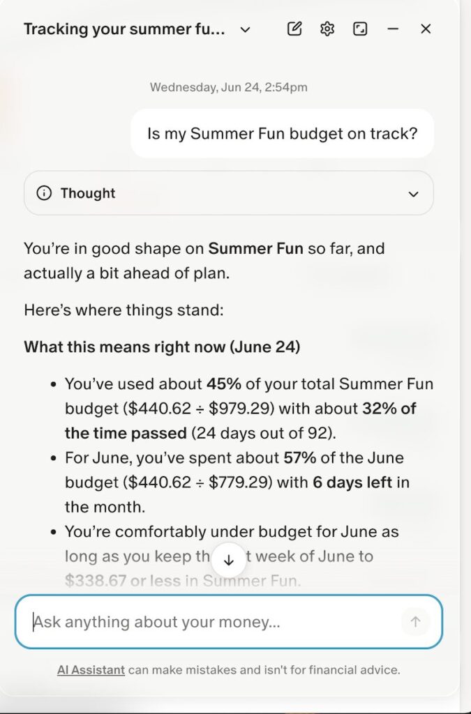 Monarch Money AI Assistant analyzing spending in a family Summer Fun budget category.