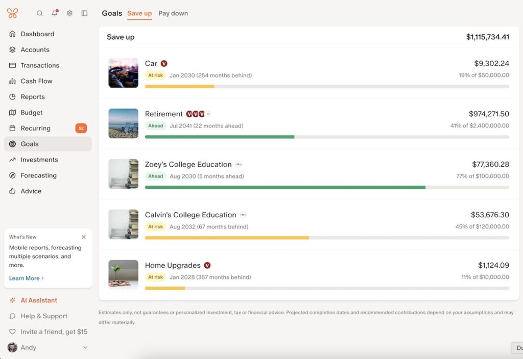 Monarch Money goals dashboard showing retirement, education, vehicle and home improvement savings goals.