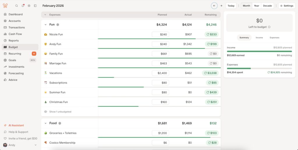 Monarch Money budget categories showing family spending, fun money, savings goals, and monthly budget allocations.