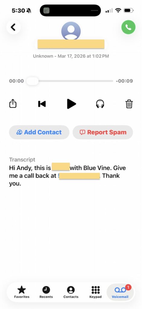 Bluevine account specialist voicemail transcript follow up