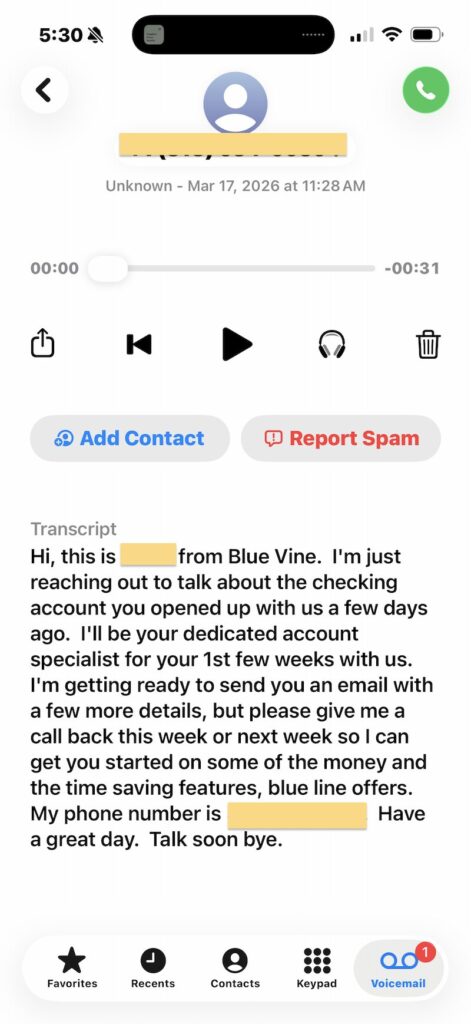 Bluevine account specialist voicemail transcript