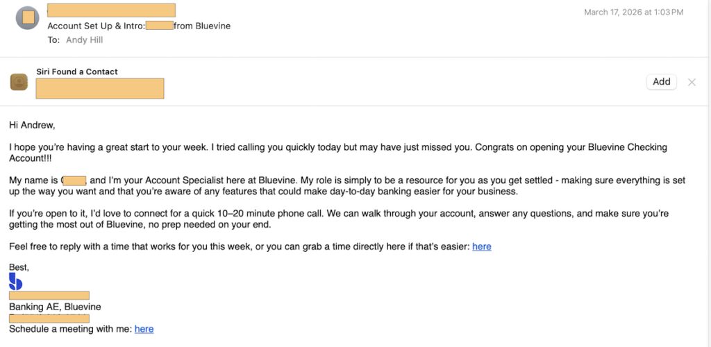 Bluevine onboarding email after opening a business checking account