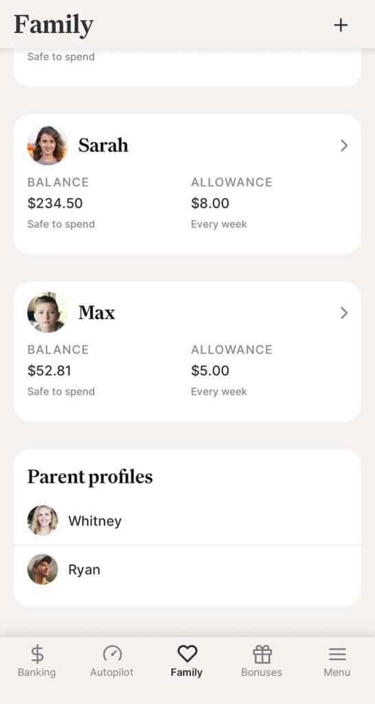 Crew family banking app showing parent and child accounts and cash management tools.
