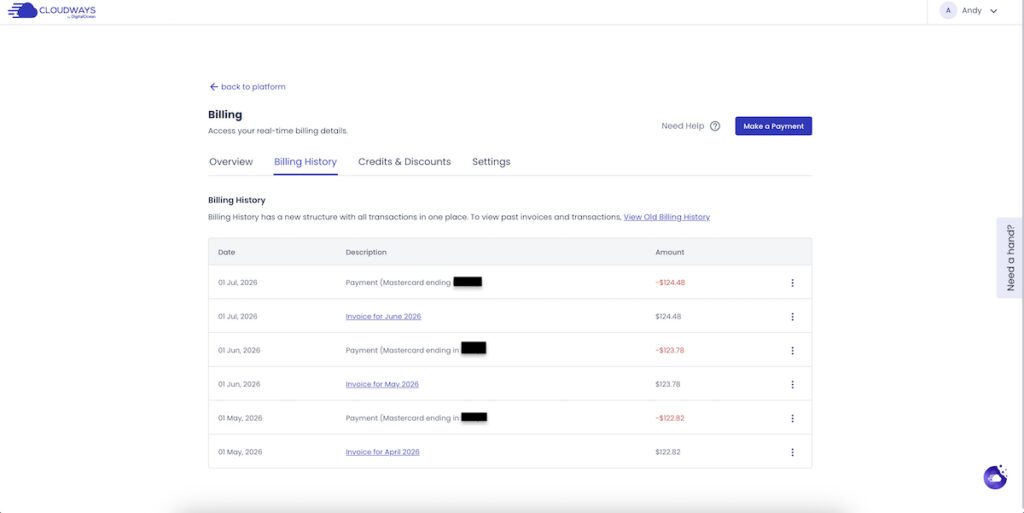 Cloudways account showing an active paid hosting subscription for the Marriage Kids and Money website