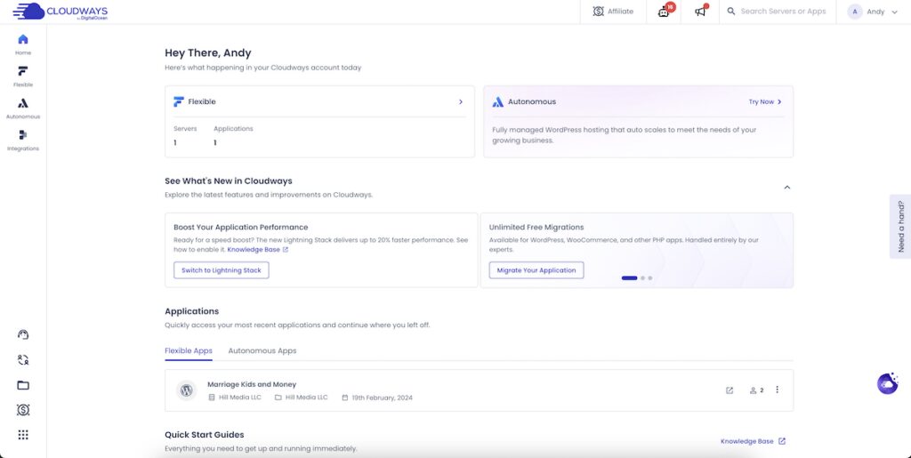 Cloudways hosting dashboard for the Marriage Kids and Money WordPress website