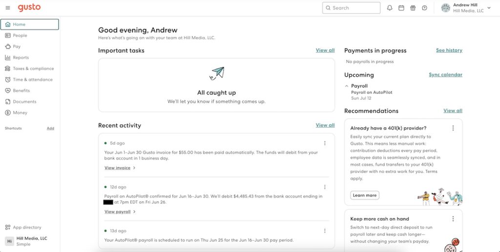 Gusto dashboard used by Andy Hill to manage payroll for his one-person S-corp.