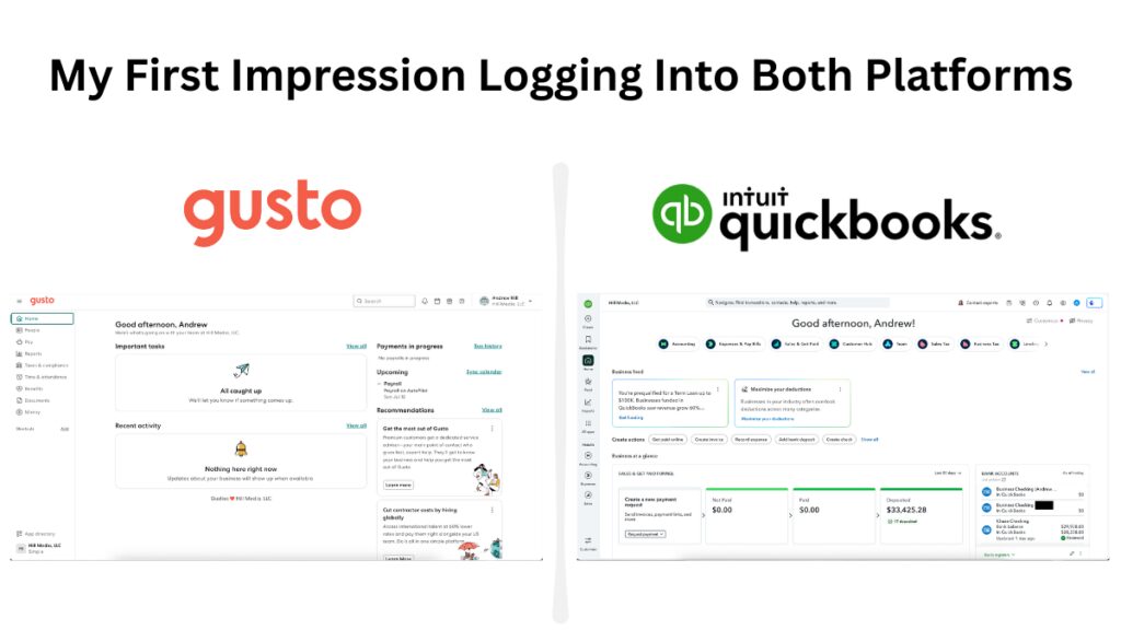 Side-by-side comparison of the Gusto dashboard and QuickBooks Online dashboard.