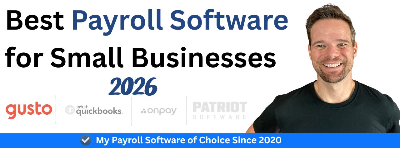 Andy Hill with logos for Gusto, QuickBooks Payroll, OnPay, and Patriot Payroll alongside the title "Best Payroll Software for Small Businesses (2026).