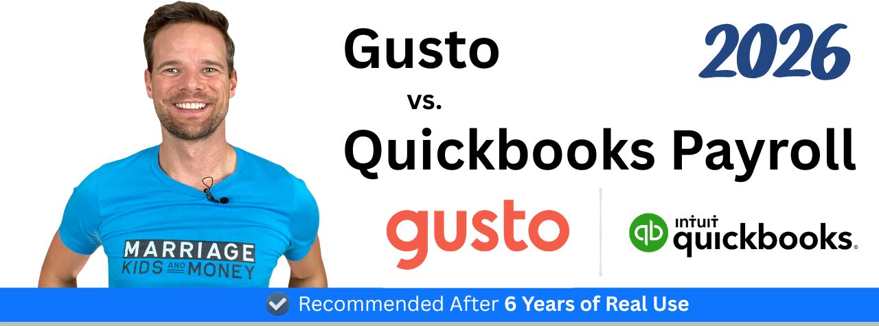 Comparison of Gusto vs. QuickBooks Payroll for small businesses, featuring Andy Hill and both payroll software logos.