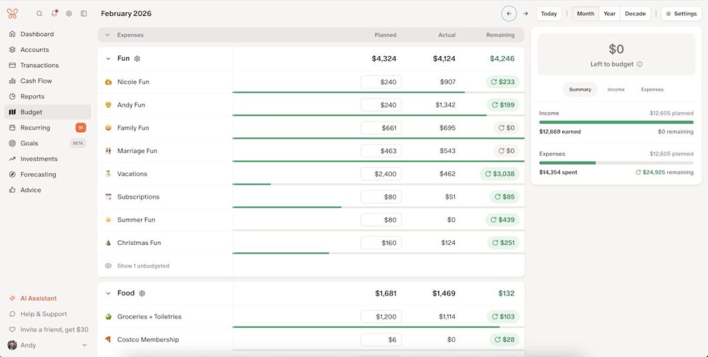 Monarch Money budget categories showing family spending, fun money, savings goals, and monthly budget allocations.