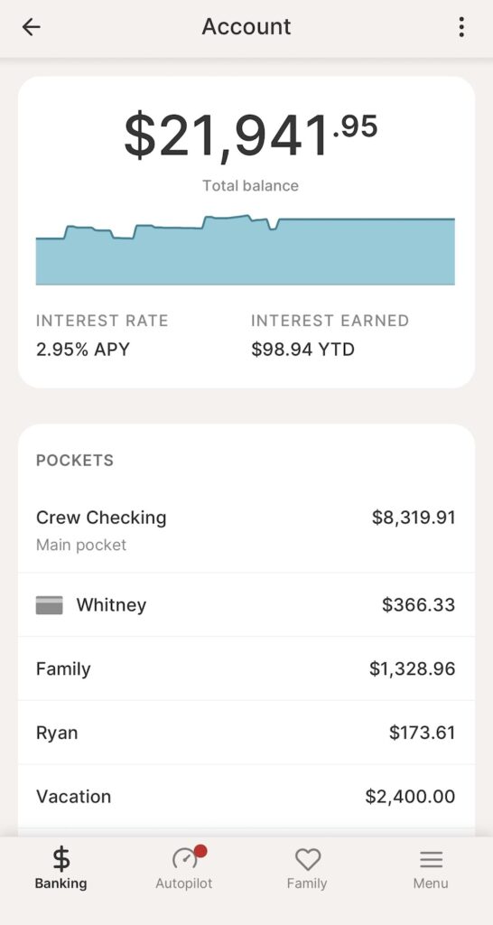 Crew mobile app showing digital Pockets for organizing family money into separate spending and savings categories.