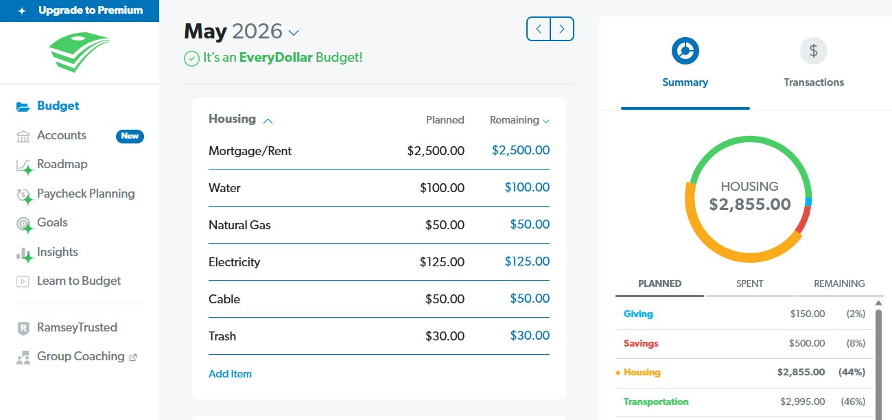 EveryDollar budgeting dashboard showing a zero-based monthly budget with spending categories, planned amounts, and remaining balances.
