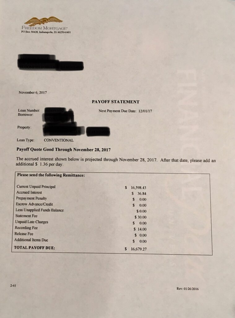 Mortgage Pay Off Statement
