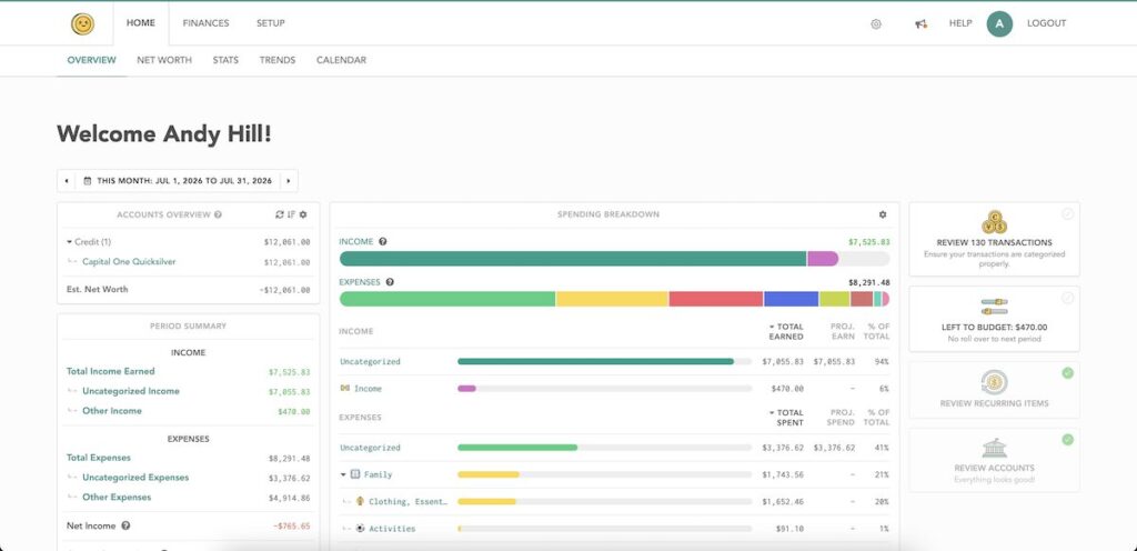 Lunch Money dashboard displaying spending categories, income, expenses, net worth, and monthly budget progress.