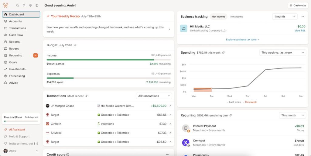 Monarch Money dashboard showing Andy Hill's July 2026 household finances, including budget progress, recent transactions, spending trends, business tracking, recurring bills, and AI-powered financial insights.