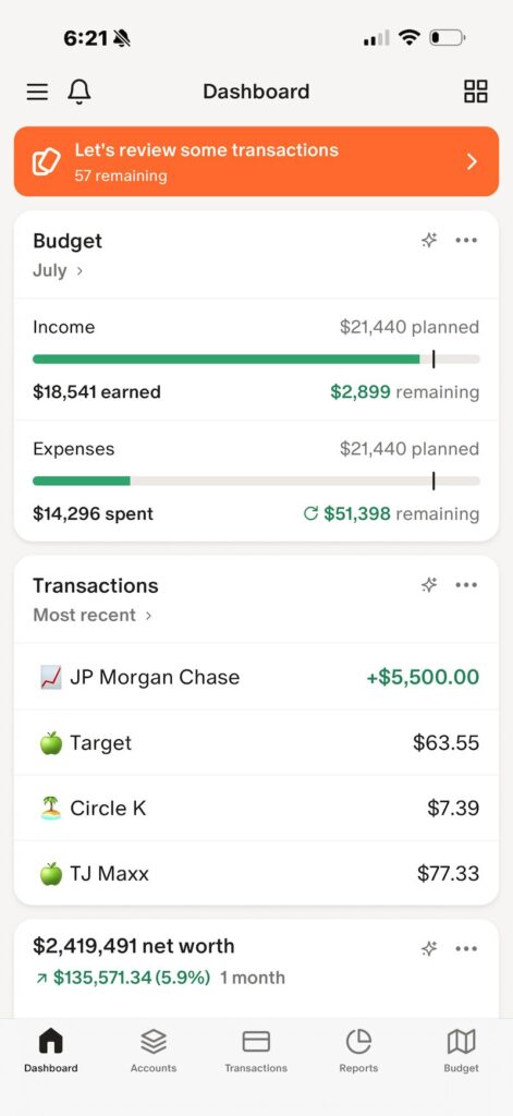 Screenshot of the Monarch Money mobile app dashboard showing account balances, budget progress, net worth, and recent financial activity.