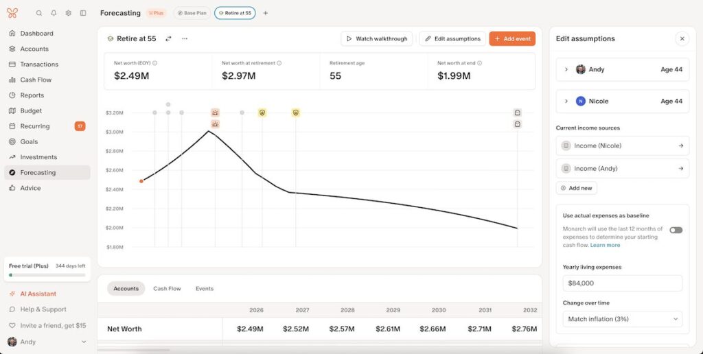 Screenshot of the Monarch Money Plus Retirement Forecast showing projected retirement savings, income, and probability of success based on customizable financial assumptions.