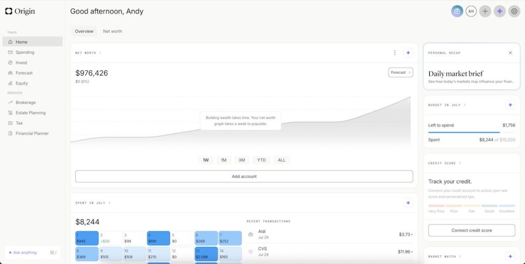 Origin financial dashboard showing net worth tracking, monthly budget progress, spending activity, and integrated financial planning tools.