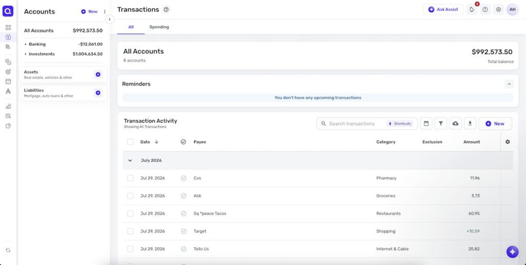 Quicken Simplifi dashboard showing account balances and a transaction list for tracking spending and managing a family budget.