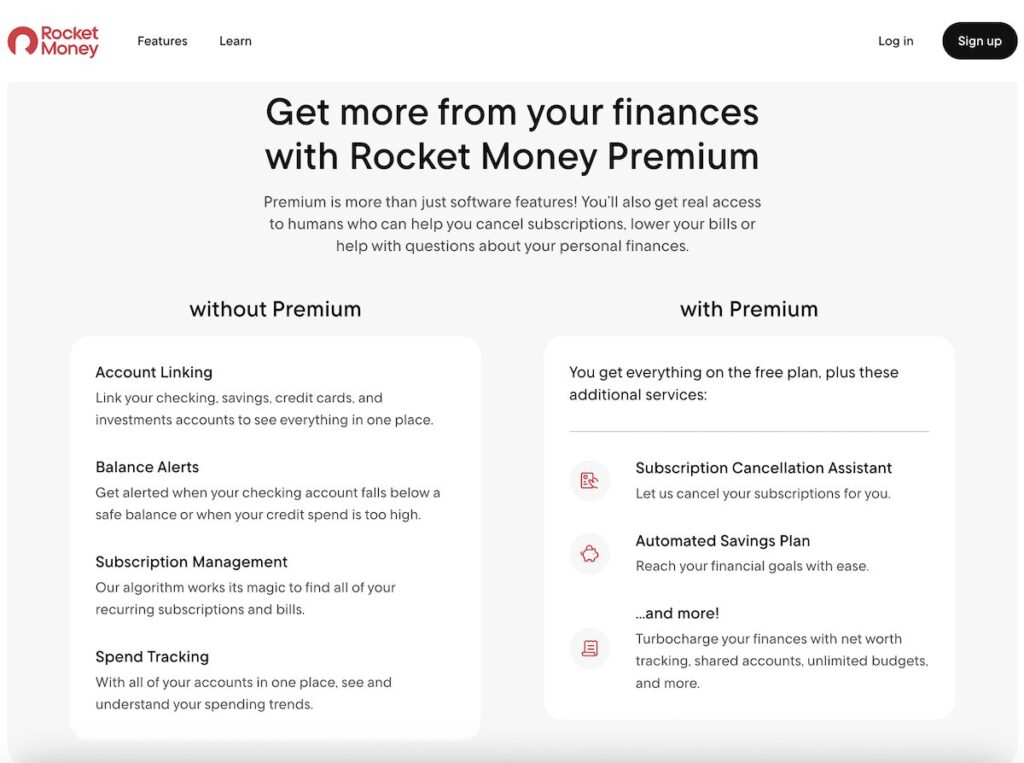 Rocket Money Premium pricing screen showing available subscription options.